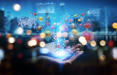 Poster - Businesswoman analyzing bacteria microscopic close-up 3D rendering