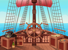 SHIP OF PIRATES. Vector Illustration Of Sail Boat Bridge View. Background For Games And Mobile Applications. Sea Battle Or Traveling  Concept.
