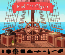 SHIP OF PIRATES. Find The Object In The Picture. Vector Illustration Of Sail Boat Bridge View In Cartoon Style. Background For Games And Mobile Applications.