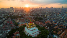Aerial View At Golden Mountain (phu Khao Thong), An Ancient Pagoda At Wat Saket Temple In Bangkok, Thailand