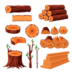 Wall Mural - Set of firewood materials for lumber industry isolated on white background. Collection of wood logs stubs tree trunk branches boards. Stump and planks wooden in sawmill - flat vector illustration