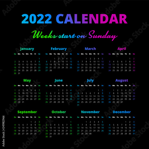 Fotografia Simple 2022 year calendar, weeks start on Sunday