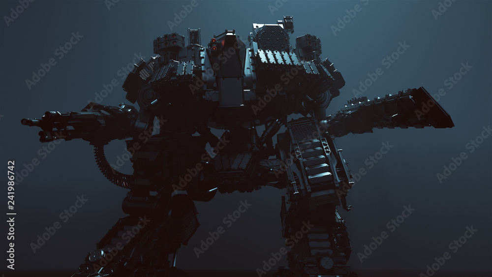 Futuristic AI Battle Droid Cyborg Mech with Glowing Lens 3d illustration 3d render  - obrazy, fototapety, plakaty 