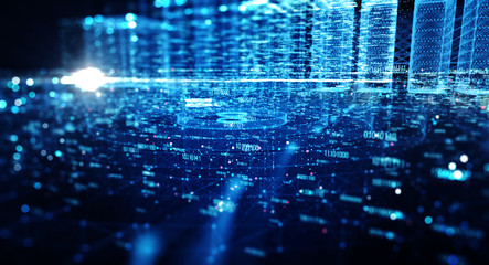 Poster - Abstract illustration of a data channel. Motion of digital data flow. Transferring of big data. Binary code processing. Transfer and storage of data sets