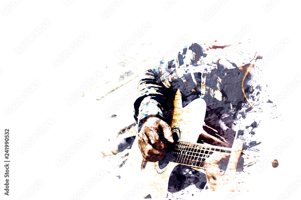 Abstract beautiful playing acoustic Guitar in the foreground on Watercolor painting background and Digital illustration brush to art. - obrazy, fototapety, plakaty 