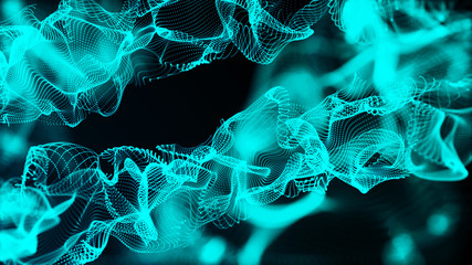 Poster - Futuristic dots pattern. Explosion of twisted waves on a dark background. Global network connection. Wave of particles. Big data. 3d rendering.