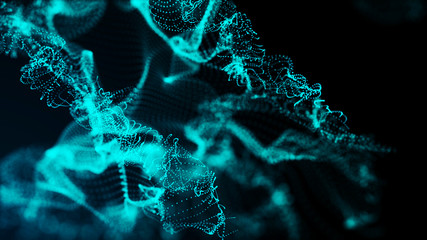 Poster - Futuristic dots pattern. Explosion of twisted waves on a dark background. Global network connection. Wave of particles. Big data. 3d rendering.