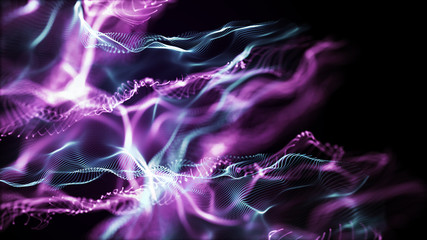 Poster - Futuristic dots pattern. Explosion of twisted waves on a dark background. Dynamic particles sound wave flowing over dark. Big data. 3d rendering.