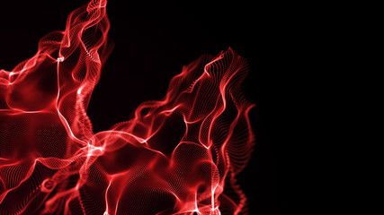 Poster - Futuristic dots pattern. Explosion of twisted waves on a dark background. Dynamic particles sound wave flowing over dark. Big data. 3d rendering.