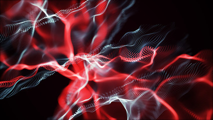 Poster - Futuristic dots pattern. Explosion of twisted waves on a dark background. Dynamic particles sound wave flowing over dark. Big data. 3d rendering.
