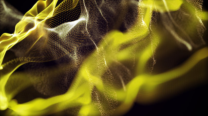 Poster - Futuristic dots pattern. Explosion of twisted waves on a dark background. Dynamic particles sound wave flowing over dark. Big data. 3d rendering.