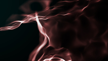 Poster - Futuristic dots pattern. Explosion of twisted waves on a dark background. Dynamic particles sound wave flowing over dark. Big data. 3d rendering.