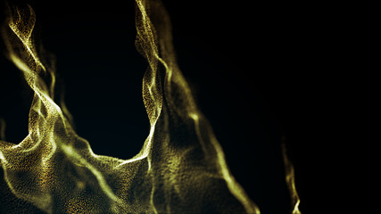 Poster - Futuristic dots pattern. Explosion of twisted waves on a dark background. Dynamic particles sound wave flowing over dark. Big data. 3d rendering.
