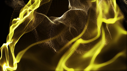 Poster - Futuristic dots pattern. Explosion of twisted waves on a dark background. Dynamic particles sound wave flowing over dark. Big data. 3d rendering.