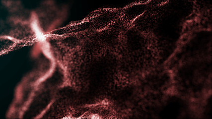 Poster - Futuristic dots pattern. Explosion of twisted waves on a dark background. Dynamic particles sound wave flowing over dark. Big data. 3d rendering.