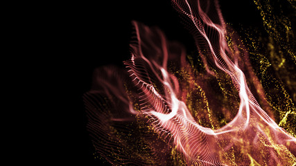 Poster - Futuristic dots pattern. Explosion of twisted waves on a dark background. Dynamic particles sound wave flowing over dark. Big data. 3d rendering.