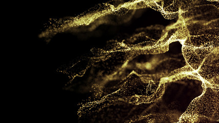 Poster - Futuristic dots pattern. Explosion of twisted waves on a dark background. Dynamic particles sound wave flowing over dark. Big data. 3d rendering.