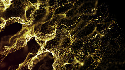 Poster - Futuristic dots pattern. Explosion of twisted waves on a dark background. Dynamic particles sound wave flowing over dark. Big data. 3d rendering.