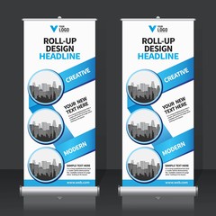 Sticker - Roll up banner design template, vertical, abstract background, pull up design, modern x-banner, rectangle size. 