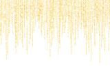 Fototapeta Przestrzenne - Vector falling in lines gold glitter confetti dots rain. Golden garland lights isolated on white background. Sparkling glitter border, party tinsels shimmer, holiday background design, festive frame