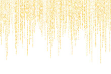 Vector Falling In Lines Gold Glitter Confetti Dots Rain. Golden Garland Lights Isolated On White Background. Sparkling Glitter Border, Party Tinsels Shimmer, Holiday Background Design, Festive Frame