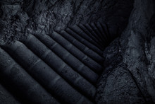 Mystic Stairs In Twilight Shadow Inside Stone Medieval Prison Dungeon 