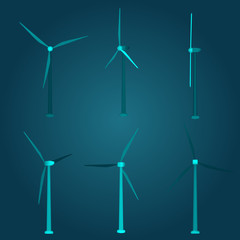 Three wind turbines. Set of vector images. Concept natural Energy