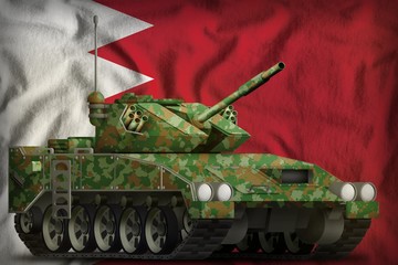 light tank apc with summer camouflage on the Bahrain national flag background. 3d Illustration