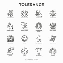 Tolerance Thin Line Icons Set: Gender, Racial, National, Religious, Sexual Orientation, Educational, Interclass, For Disability, Respect, Self-expression, Human Rights, Democracy. Vector Illustration.