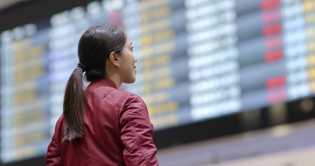 Poster - Travel woman look at the flight number display board