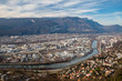 Grenoble, France, January 2019 : North west part of the city with the Vercors mountains and the Isere river.