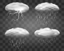 Realistic Rain Clouds On Transparent Background. Fall Weather Eddy Clouds, Vector 3d Rainstorm Cloud Set With Heavy Stormy Rainfall