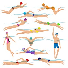 Swimmers vector. Various characters swimming people in action poses, sport man swim action