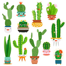 Cute Cactus Pots. Happy Face Cartoon Succulent Cacti Funny Flower Smile Plant Lovely Friends, Desert Garden Cactuses