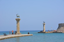 Greece, The Island Of Rhodes, Mandraki Harbour, Deers