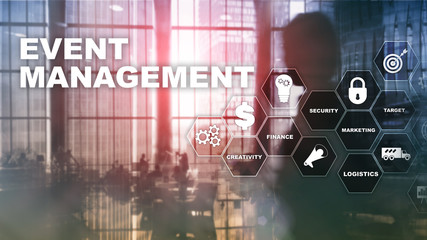 Event management Concept. Event management flowchart. Event management related items. Mixed media business