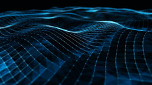 Digital Data Visualization. Cybernetic Particles. Low Poly Mesh. Flow. Wave. Abstract Polygonal Low Poly Wave Background With Connecting Dots And Lines. 3D Rendering.