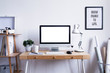 © FollowTheFlow - Scandinavian interior of home desk with mock up computer screen, photo frame, office accessories, projects and gramophone. Minimalistic space for work, hobby and listen music.