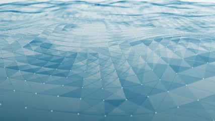 Poster - digital data visualization. cybernetic particles. low poly mesh. flow. wave. abstract polygonal low 