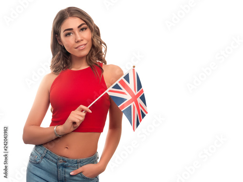Fotografía Girl holding British flag isolated on white background