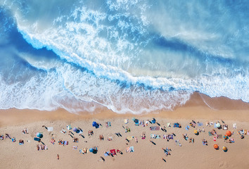 Wall Mural - aerial view at the beach. turquoise water background from top view. summer seascape from air. top vi