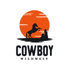 Poster - Vintage label with Silhouette of Cowboy on bucking horse at night Logo design inspiration