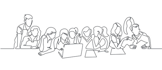 Sticker - Group of people working continuous one line vector drawing