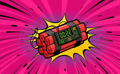 Dynamite explosion, bomb detonation. Retro pop art style. Cartoon comic vector illustration