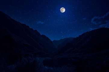 Wall Mural - mountain road through the forest on a full moon night. scenic night landscape of dark blue sky with 