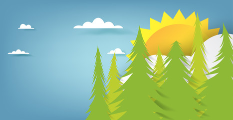 Poster - Green nature landscape background template.Ecology and environment conservation creative idea concept paper art style.Vector illustration.