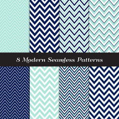 Wall Mural - Nautical Navy Blue, Aqua and White Chevron Seamless Patterns. Nautical Backgrounds. Various Width Zigzag Stripes. Repeating Pattern Tile Swatches Included.
