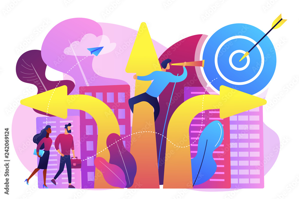 Business people and empolyee choosing new career direction arrow with target. Career change, alternative career, retraining for a new job concept. Bright vibrant violet vector isolated illustration - obrazy, fototapety, plakaty 