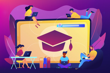 Students with laptops studying and huge laptop with graduation cap. Free online courses, online certificate courses, online business school concept. Bright vibrant violet vector isolated illustration