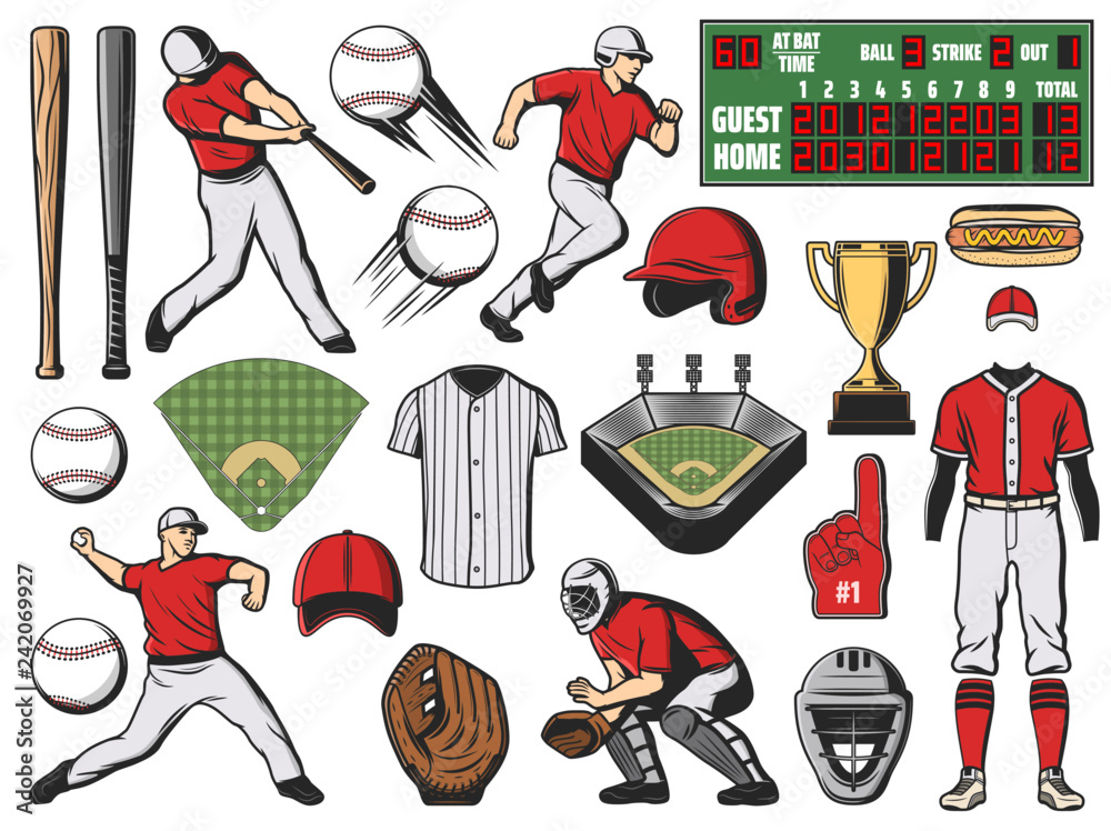 Baseball sport ball, bat and player. Softball game Stock Vector | Adobe ...